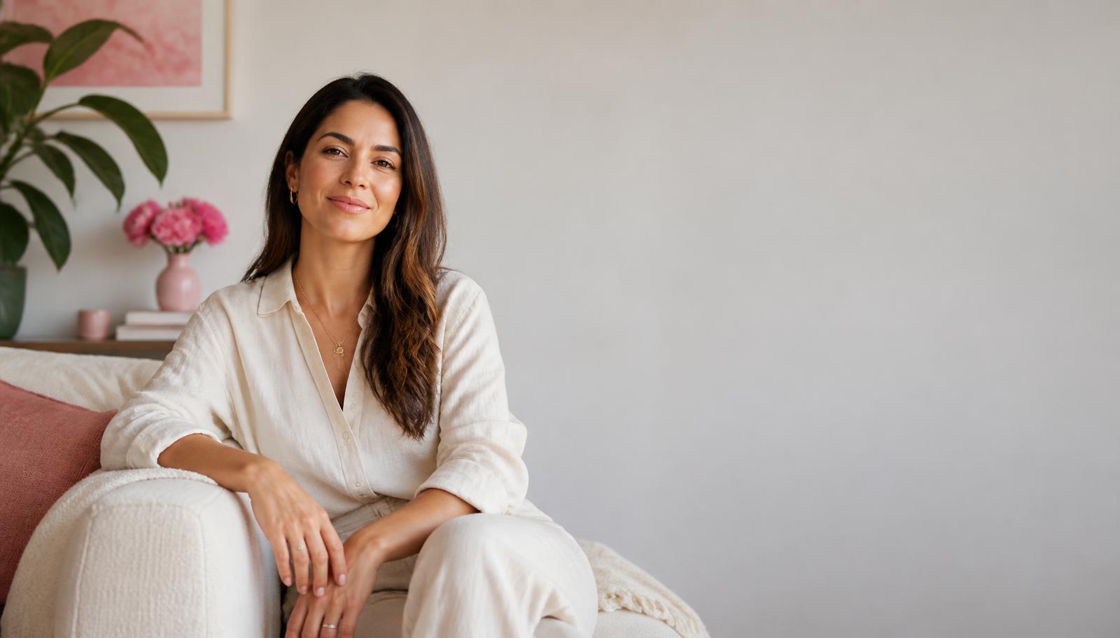 Mulher sorrindo tranquila em casa
